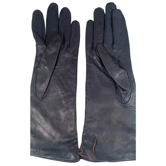 Vintage Made in Italy Dark Blue Leather Gloves with 100% Silk Lining, Size 7 - Picture 4 of 9